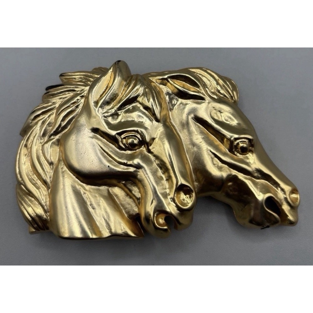 Vtg Doreen Ryan Double Horse Head Belt Buckle Gold Tone Equestrian DR 95002 EUC
